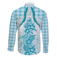 Aloha Hawaii Palaka Family Matching Off The Shoulder Long Sleeve Dress and Hawaiian Shirt Blue Plumeria Lei - Polynesian Pride