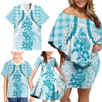 Aloha Hawaii Palaka Family Matching Off Shoulder Short Dress and Hawaiian Shirt Blue Plumeria Lei - Polynesian Pride