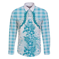 Aloha Hawaii Palaka Family Matching Off Shoulder Short Dress and Hawaiian Shirt Blue Plumeria Lei - Polynesian Pride