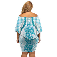 Aloha Hawaii Palaka Family Matching Off Shoulder Short Dress and Hawaiian Shirt Blue Plumeria Lei - Polynesian Pride