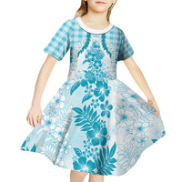 Aloha Hawaii Palaka Kid Short Sleeve Dress Blue Plumeria Lei - Polynesian Pride