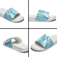 Aloha Hawaii Palaka Slide Sandals Blue Plumeria Lei - Polynesian Pride