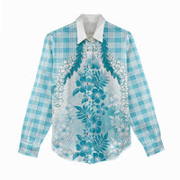 Aloha Hawaii Palaka Women Casual Shirt Blue Plumeria Lei - Polynesian Pride
