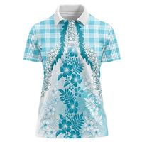 Aloha Hawaii Palaka Women Polo Shirt Blue Plumeria Lei LT05 Female Blue - Polynesian Pride