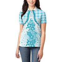 Aloha Hawaii Palaka Women Polo Shirt Blue Plumeria Lei LT05 - Polynesian Pride