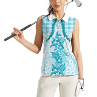 Aloha Hawaii Palaka Women Sleeveless Polo Shirt Blue Plumeria Lei - Polynesian Pride