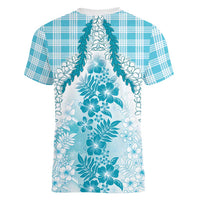 Aloha Hawaii Palaka Women V-Neck T-Shirt Blue Plumeria Lei LT05 - Polynesian Pride