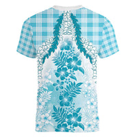 Aloha Hawaii Palaka Women V-Neck T-Shirt Blue Plumeria Lei - Polynesian Pride
