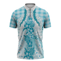 Aloha Hawaii Palaka Zipper Polo Shirt Blue Plumeria Lei LT05 Blue - Polynesian Pride