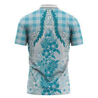 Aloha Hawaii Palaka Zipper Polo Shirt Blue Plumeria Lei LT05 - Polynesian Pride