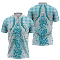 Aloha Hawaii Palaka Zipper Polo Shirt Blue Plumeria Lei LT05 - Polynesian Pride