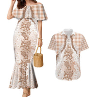 Aloha Hawaii Palaka Couples Matching Mermaid Dress and Hawaiian Shirt Beige Plumeria Lei - Polynesian Pride