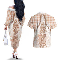 Aloha Hawaii Palaka Couples Matching Off The Shoulder Long Sleeve Dress and Hawaiian Shirt Beige Plumeria Lei - Polynesian Pride