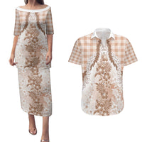 Aloha Hawaii Palaka Couples Matching Puletasi and Hawaiian Shirt Beige Plumeria Lei - Polynesian Pride