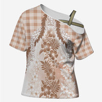 Aloha Hawaii Palaka Cross Shoulder Shirt Beige Plumeria Lei LT05 Female Beige - Polynesian Pride