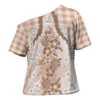 Aloha Hawaii Palaka Cross Shoulder Shirt Beige Plumeria Lei LT05 - Polynesian Pride