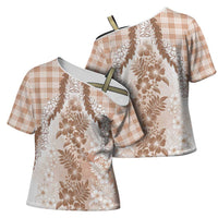 Aloha Hawaii Palaka Cross Shoulder Shirt Beige Plumeria Lei LT05 - Polynesian Pride