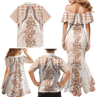Aloha Hawaii Palaka Family Matching Mermaid Dress and Hawaiian Shirt Beige Plumeria Lei - Polynesian Pride