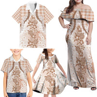 Aloha Hawaii Palaka Family Matching Off Shoulder Maxi Dress and Hawaiian Shirt Beige Plumeria Lei - Polynesian Pride