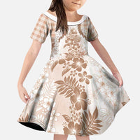 Aloha Hawaii Palaka Family Matching Off Shoulder Short Dress and Hawaiian Shirt Beige Plumeria Lei - Polynesian Pride