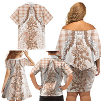 Aloha Hawaii Palaka Family Matching Off Shoulder Short Dress and Hawaiian Shirt Beige Plumeria Lei - Polynesian Pride