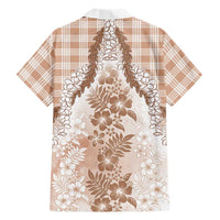 Aloha Hawaii Palaka Family Matching Off Shoulder Short Dress and Hawaiian Shirt Beige Plumeria Lei - Polynesian Pride