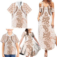 Aloha Hawaii Palaka Family Matching Summer Maxi Dress and Hawaiian Shirt Beige Plumeria Lei - Polynesian Pride