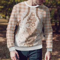 Aloha Hawaii Palaka Ugly Christmas Sweater Beige Plumeria Lei - Polynesian Pride