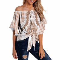 Aloha Hawaii Palaka Off Shoulder Wrap Waist Top Beige Plumeria Lei LT05 - Polynesian Pride
