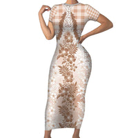 Aloha Hawaii Palaka Short Sleeve Bodycon Dress Beige Plumeria Lei LT05 Long Dress Beige - Polynesian Pride