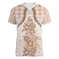 Aloha Hawaii Palaka Women V-Neck T-Shirt Beige Plumeria Lei - Polynesian Pride