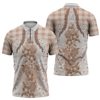Aloha Hawaii Palaka Zipper Polo Shirt Beige Plumeria Lei LT05 - Polynesian Pride