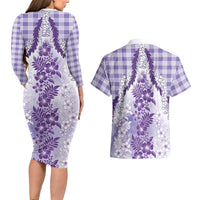 Aloha Hawaii Palaka Couples Matching Long Sleeve Bodycon Dress and Hawaiian Shirt Purple Plumeria Lei - Polynesian Pride