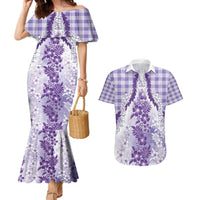 Aloha Hawaii Palaka Couples Matching Mermaid Dress and Hawaiian Shirt Purple Plumeria Lei - Polynesian Pride