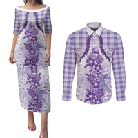 Aloha Hawaii Palaka Couples Matching Puletasi and Long Sleeve Button Shirt Purple Plumeria Lei LT05 Purple - Polynesian Pride