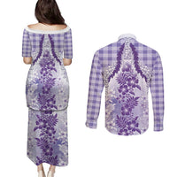 Aloha Hawaii Palaka Couples Matching Puletasi and Long Sleeve Button Shirt Purple Plumeria Lei - Polynesian Pride