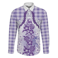 Aloha Hawaii Palaka Family Matching Long Sleeve Bodycon Dress and Hawaiian Shirt Purple Plumeria Lei - Polynesian Pride