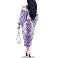 Aloha Hawaii Palaka Family Matching Off The Shoulder Long Sleeve Dress and Hawaiian Shirt Purple Plumeria Lei - Polynesian Pride