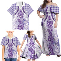 Aloha Hawaii Palaka Family Matching Off Shoulder Maxi Dress and Hawaiian Shirt Purple Plumeria Lei - Polynesian Pride