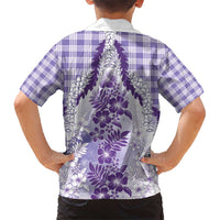 Aloha Hawaii Palaka Family Matching Short Sleeve Bodycon Dress and Hawaiian Shirt Purple Plumeria Lei - Polynesian Pride