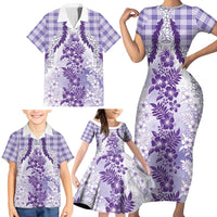 Aloha Hawaii Palaka Family Matching Short Sleeve Bodycon Dress and Hawaiian Shirt Purple Plumeria Lei - Polynesian Pride