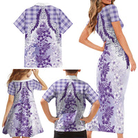 Aloha Hawaii Palaka Family Matching Short Sleeve Bodycon Dress and Hawaiian Shirt Purple Plumeria Lei - Polynesian Pride