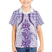 Aloha Hawaii Palaka Family Matching Short Sleeve Bodycon Dress and Hawaiian Shirt Purple Plumeria Lei - Polynesian Pride