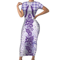 Aloha Hawaii Palaka Short Sleeve Bodycon Dress Purple Plumeria Lei LT05 Long Dress Purple - Polynesian Pride