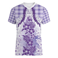 Aloha Hawaii Palaka Women V-Neck T-Shirt Purple Plumeria Lei LT05 Female Purple - Polynesian Pride