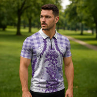 Aloha Hawaii Palaka Zipper Polo Shirt Purple Plumeria Lei LT05 - Polynesian Pride