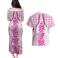 Aloha Hawaii Palaka Couples Matching Puletasi and Hawaiian Shirt Pink Plumeria Lei - Polynesian Pride