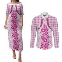 Aloha Hawaii Palaka Couples Matching Puletasi and Long Sleeve Button Shirt Pink Plumeria Lei LT05 Pink - Polynesian Pride