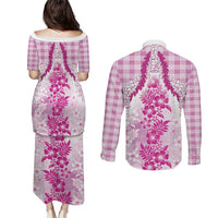 Aloha Hawaii Palaka Couples Matching Puletasi and Long Sleeve Button Shirt Pink Plumeria Lei LT05 - Polynesian Pride