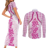 Aloha Hawaii Palaka Couples Matching Short Sleeve Bodycon Dress and Long Sleeve Button Shirt Pink Plumeria Lei LT05 - Polynesian Pride